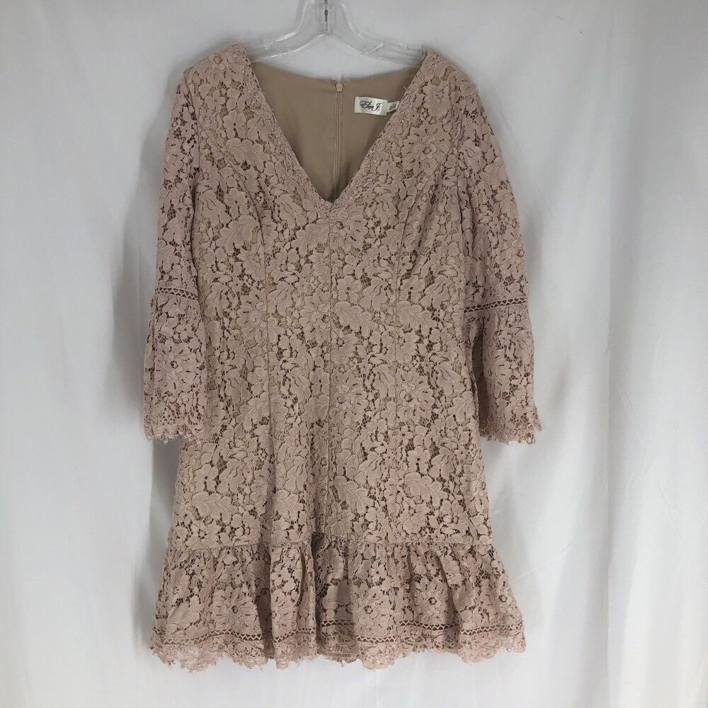 Eliza J Ballet Pink Floral Lace Long Bell Sleeve Pleated Lined Zipped Dress 14